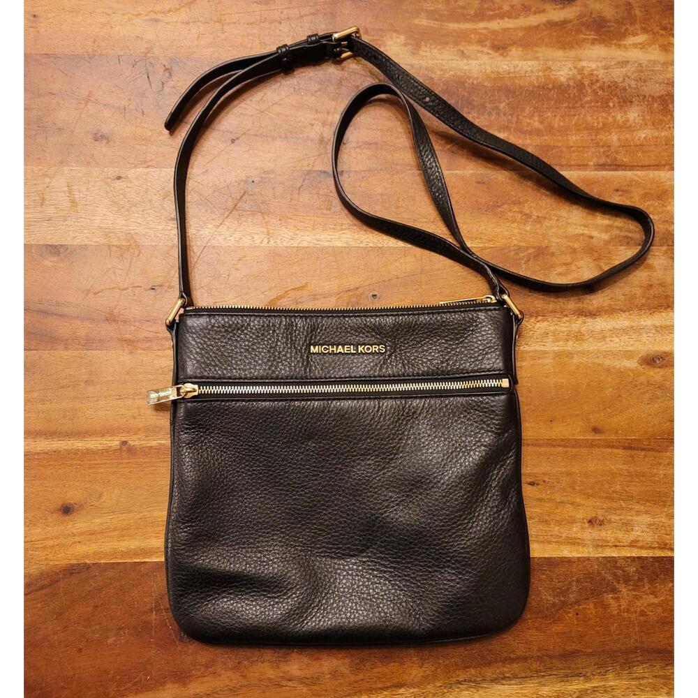 Michael Kors Medium Black Leather Crossbody Handbag with Gold Accents